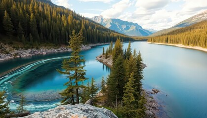 Sticker - Serene Mountain Lake With Island and Forest.