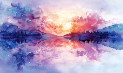 Wall Mural - A painting of a sunset over a lake with trees in the background