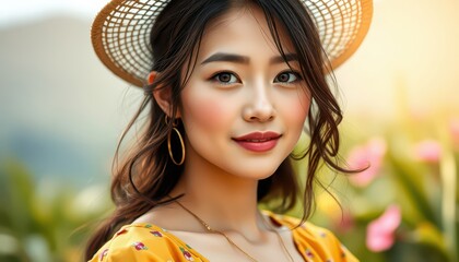 Wall Mural - Portrait of a beautiful young woman with a straw hat.