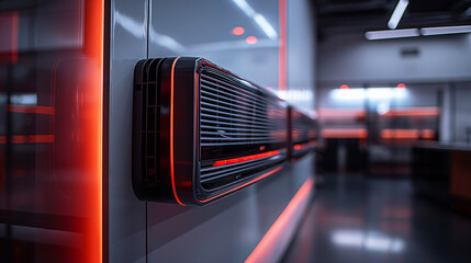 The kitchen showcases futuristic design with vivid red lighting illuminating high-tech appliances and polished surfaces