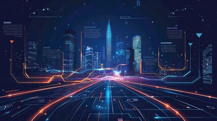 Poster - A futuristic night cityscape with glowing roads, skyscrapers, and digital data interfaces.