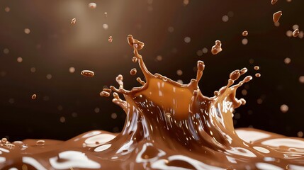 Wall Mural - a close-up shot of a brown liquid splashing and creating a crown-like shape. there are smaller drops