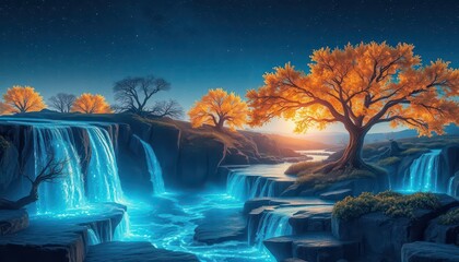 Wall Mural - Mystical Waterfall in a Starry Night.