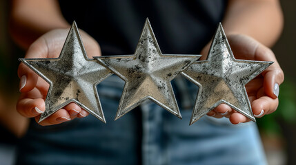 Person holding three silver decorative stars indoors