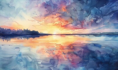 Wall Mural - A painting of a sunset over a lake with a reflection of the sun on the water