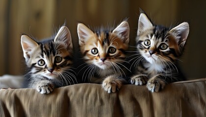 Wall Mural - Three cute cats sat side by side on the soft bed, with focused expressions and fluffy looks very charming.