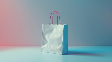 Canvas Print - A single white shopping bag placed on a blue surface, ideal for use in e-commerce or packaging themes