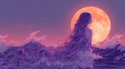 Wall Mural - A mermaid girl on the waves. in shades of purple and pink. the illustration that was drawn on the tablet