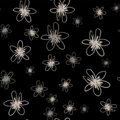 Wall Mural - Seamless floral pattern with stylized daisy flowers. Hand drawn linear doodle sketches. Monochrome silhouettes on black background.