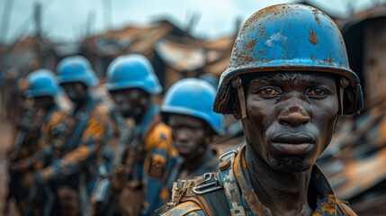 A group of peacekeepers in blue helmets stands in formation, focused and ready to carry out their duties.