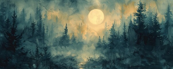 Wall Mural - Abstract moonlit forest path in watercolor on white.