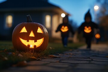 Children Dressed in Costumes Trick or Treating with Glowing Jack-O-Lantern at Dusk