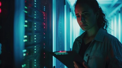 Poster - Woman with clipboard in server room