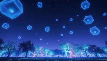 Canvas Print - Glowing Cubes in a Night Forest.