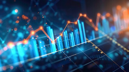 Poster - A close-up image of a stock chart with blue bars and an orange line going up and down. The chart is on a dark background with blurred lights.