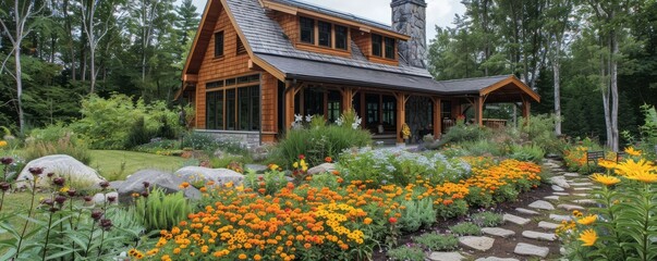 Wall Mural - Craftsman cottage with flower beds.