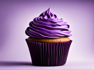 cupcake with purple frosting in a purple isolated background