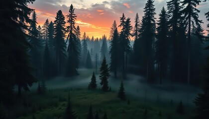 Wall Mural - Misty Forest Sunset.