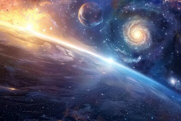 Wall Mural - Breathtaking view of a distant planet with a sunrise, stars, and a spiral galaxy.