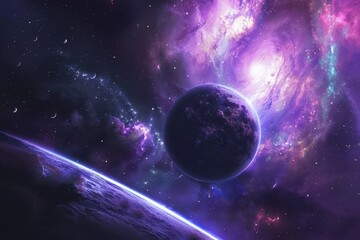 Wall Mural - Purple haze envelops a distant planet in a mesmerizing cosmic landscape.