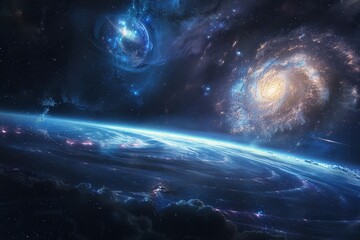 Wall Mural - Breathtaking view of a distant planet with a swirling blue and purple galaxy in the background.