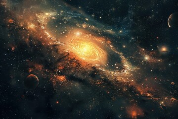 Wall Mural - glowing orange and yellow spiral galaxy with stars and planets in deep space
