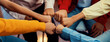 © Summit Art Creations - Startup company employee team stacking hand together symbolize successful group of business partnership and strong collective unity teamwork in community workplace in panoramic banner. Synergic