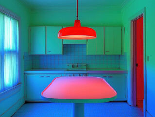 Neon vibrant interior view of  kitchen, living room bedroon bathroom and pool house in unique high contrast vaporwave colored lighting fantasy artsy film concept