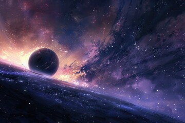 Wall Mural - Dark planet in the middle of a colorful nebula and a sea of stars