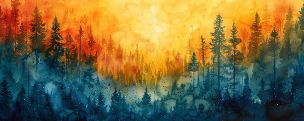 Wall Mural - Watercolor abstract forest with morning dew.