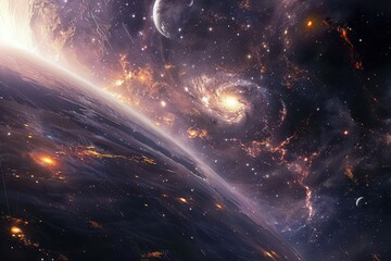 Wall Mural - Breathtaking view of a distant planet with a starry night sky, glowing crescent moons, and a spiral galaxy in the background.