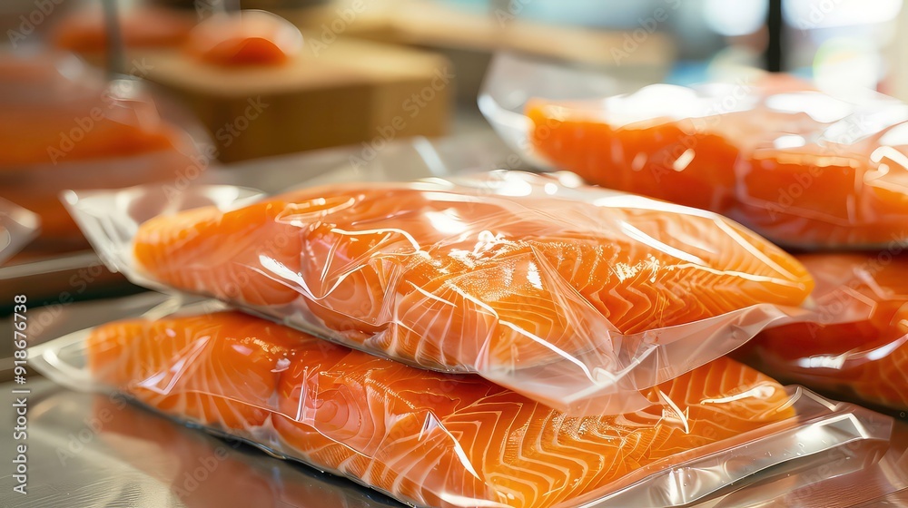 Fresh salmon fillets are vacuum-sealed in clear plastic bags, stacked ...