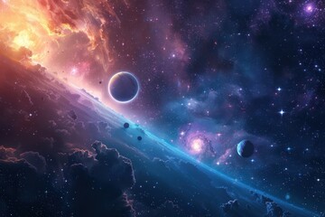 Canvas Print - Planets and stars in the vast expanse of the universe, forming a beautiful cosmic landscape.