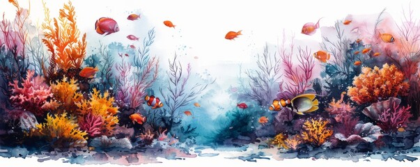 Wall Mural - Watercolor abstract coral reef with colorful fish and plants on white.