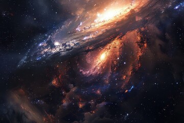 Wall Mural - Spectacular view of a spiral galaxy with glowing orange and blue clusters of stars and dust in deep space.