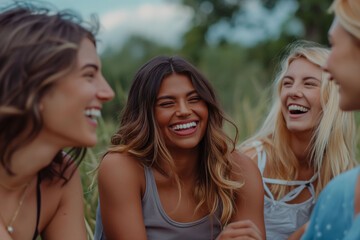 Four young women smiling and enjoying each other's company in a natural environment