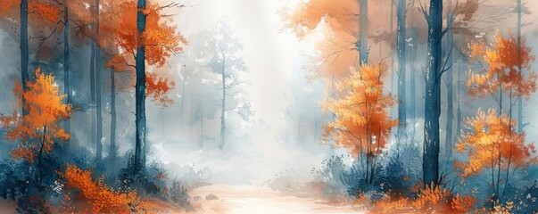 Wall Mural - Watercolor abstract morning mist in forest on white.