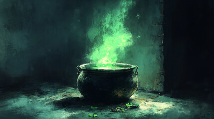 Dark, eerie scene featuring a black cauldron emitting a glowing green mist, evoking a sense of mystery and magic in a dimly lit room.