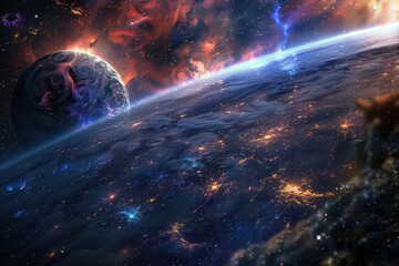 Wall Mural - Breathtaking view of a distant exoplanet with vibrant lights and a red gaseous atmosphere.