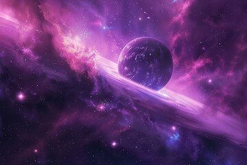 Canvas Print - Purple planet with glowing ring in vibrant nebula