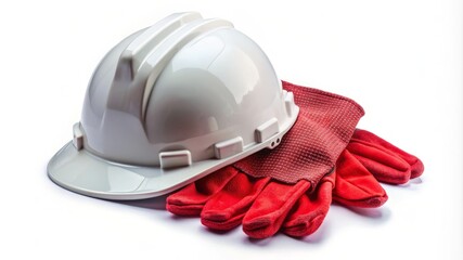 A white hard hat sits on top of a red glove