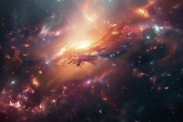 Canvas Print - Glowing spiral galaxy with bright center and colorful swirling arms in deep space