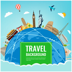 Wall Mural - Travel composition with famous world landmarks. Travel and Tourism. Concept website template. Vector. Modern flat design.