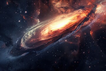 Wall Mural - glowing spiral galaxy with bright center and dark blue background filled with stars