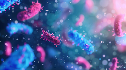 Wallpaper photo of blue and pink bacteria with blurred background 3D rendering. For learning science, biology.