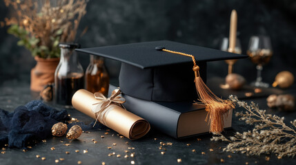 Golden graduation cap and diploma with starry embellishments for celebration. Graduation party concept background banner and website design template