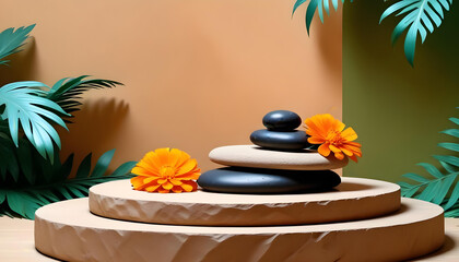 black stones on a wooden platform with orange 2