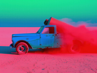 neon vibrant futuristic cyberpunk steampunk vehicle, car, truck in a dystopian wasteland desert landscape, Vintage iron vehicle in post apocalypses. Fantasy movie scene