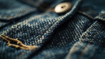 close-up image of denim fabric with button, showcasing texture and shallow depth of field