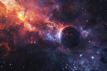 Wall Mural - Glowing planet in a vibrant nebula with bright stars and colorful dust formations